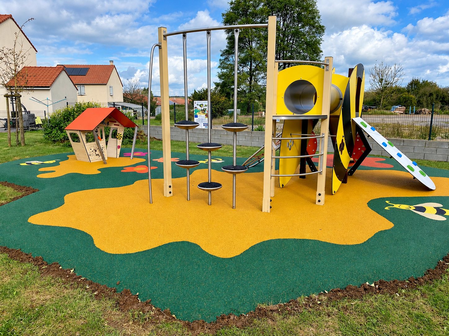 Une aire de jeux pour enfants avec une structure de grimpe en bois jaune, une petite cabane au toit orange et un sol souple vert et jaune orné d'abeilles et de fleurs.