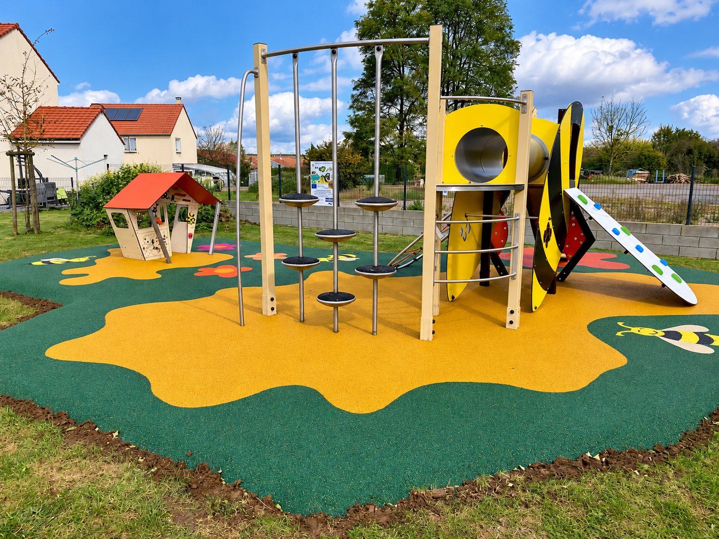 Une aire de jeux pour enfants avec une structure en bois jaune, une petite cabane au toit orange et un sol souple vert et jaune décoré d'abeilles et de fleurs.