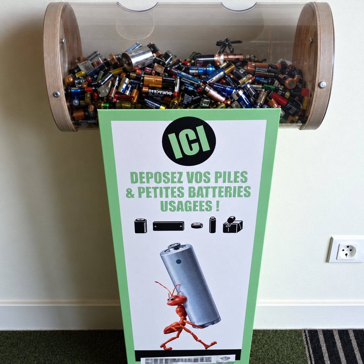 Borne de collecte des piles usagées avec une affiche sur le recyclage